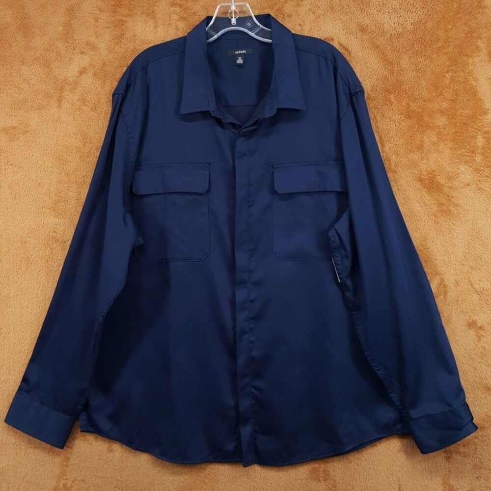 ALFANI Hidden Button Shirt Mens XXL Navy Blue Chest Pocket Long Sleeve